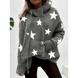 Plus Size Casual Sweater, Women's Plus Star Print Long Sleeve Drawstring Hoodie Sweater With Pockets