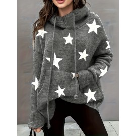 Plus Size Casual Sweater, Women's Plus Star Print Long Sleeve Drawstring Hoodie Sweater With Pockets
