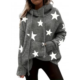 Plus Size Casual Sweater, Women's Plus Star Print Long Sleeve Drawstring Hoodie Sweater With Pockets