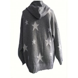 Plus Size Casual Sweater, Women's Plus Star Print Long Sleeve Drawstring Hoodie Sweater With Pockets