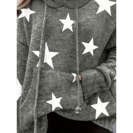 Plus Size Casual Sweater, Women's Plus Star Print Long Sleeve Drawstring Hoodie Sweater With Pockets