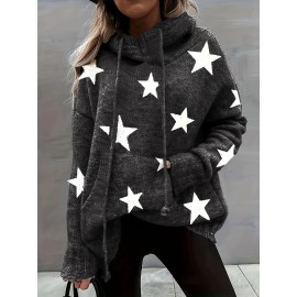 Plus Size Casual Sweater, Women's Plus Star Print Long Sleeve Drawstring Hoodie Sweater With Pockets