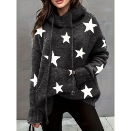 Plus Size Casual Sweater, Women's Plus Star Print Long Sleeve Drawstring Hoodie Sweater With Pockets