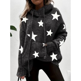 Plus Size Casual Sweater, Women's Plus Star Print Long Sleeve Drawstring Hoodie Sweater With Pockets
