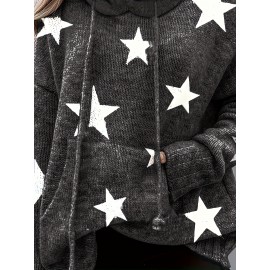 Plus Size Casual Sweater, Women's Plus Star Print Long Sleeve Drawstring Hoodie Sweater With Pockets