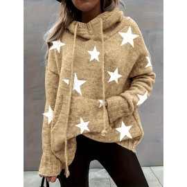 Plus Size Casual Sweater, Women's Plus Star Print Long Sleeve Drawstring Hoodie Sweater With Pockets