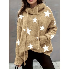 Plus Size Casual Sweater, Women's Plus Star Print Long Sleeve Drawstring Hoodie Sweater With Pockets