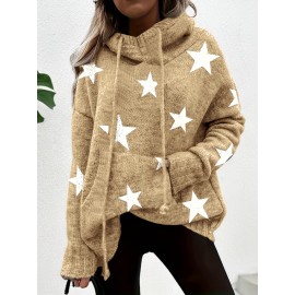 Plus Size Casual Sweater, Women's Plus Star Print Long Sleeve Drawstring Hoodie Sweater With Pockets