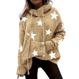 Plus Size Casual Sweater, Women's Plus Star Print Long Sleeve Drawstring Hoodie Sweater With Pockets