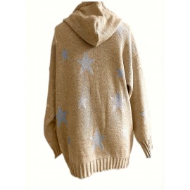 Plus Size Casual Sweater, Women's Plus Star Print Long Sleeve Drawstring Hoodie Sweater With Pockets