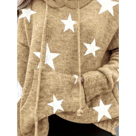 Plus Size Casual Sweater, Women's Plus Star Print Long Sleeve Drawstring Hoodie Sweater With Pockets