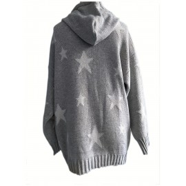 Plus Size Casual Sweater, Women's Plus Star Print Long Sleeve Drawstring Hoodie Sweater With Pockets