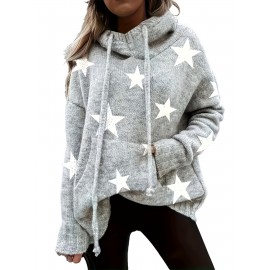 Plus Size Casual Sweater, Women's Plus Star Print Long Sleeve Drawstring Hoodie Sweater With Pockets