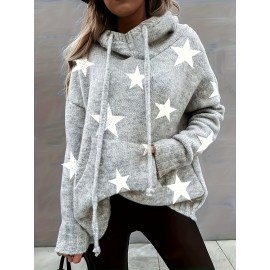Plus Size Casual Sweater, Women's Plus Star Print Long Sleeve Drawstring Hoodie Sweater With Pockets