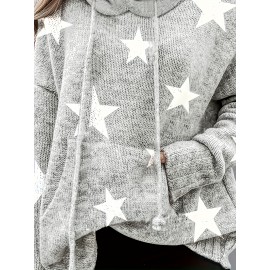 Plus Size Casual Sweater, Women's Plus Star Print Long Sleeve Drawstring Hoodie Sweater With Pockets