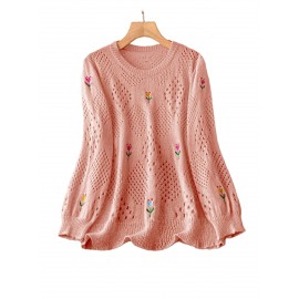 Plus Size Floral Embroidery Sweater, Casual Cut Out Long Sleeve Crew Neck Sweater For Spring, Women's Plus Size Clothing