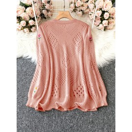 Plus Size Floral Embroidery Sweater, Casual Cut Out Long Sleeve Crew Neck Sweater For Spring, Women's Plus Size Clothing