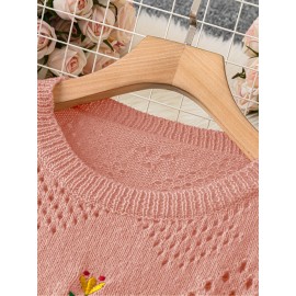 Plus Size Floral Embroidery Sweater, Casual Cut Out Long Sleeve Crew Neck Sweater For Spring, Women's Plus Size Clothing