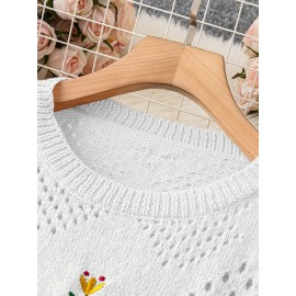 Plus Size Floral Embroidery Sweater, Casual Cut Out Long Sleeve Crew Neck Sweater For Spring, Women's Plus Size Clothing