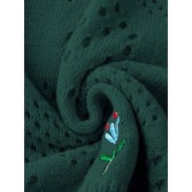 Plus Size Floral Embroidery Sweater, Casual Cut Out Long Sleeve Crew Neck Sweater For Spring, Women's Plus Size Clothing