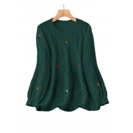 Plus Size Floral Embroidery Sweater, Casual Cut Out Long Sleeve Crew Neck Sweater For Spring, Women's Plus Size Clothing