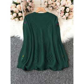 Plus Size Floral Embroidery Sweater, Casual Cut Out Long Sleeve Crew Neck Sweater For Spring, Women's Plus Size Clothing