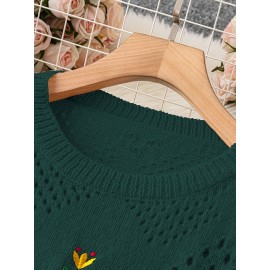 Plus Size Floral Embroidery Sweater, Casual Cut Out Long Sleeve Crew Neck Sweater For Spring, Women's Plus Size Clothing
