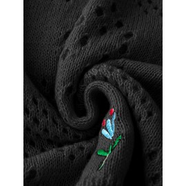 Plus Size Floral Embroidery Sweater, Casual Cut Out Long Sleeve Crew Neck Sweater For Spring, Women's Plus Size Clothing