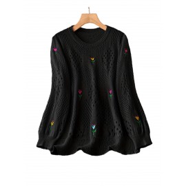 Plus Size Floral Embroidery Sweater, Casual Cut Out Long Sleeve Crew Neck Sweater For Spring, Women's Plus Size Clothing