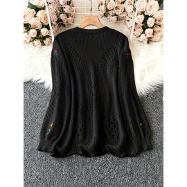 Plus Size Floral Embroidery Sweater, Casual Cut Out Long Sleeve Crew Neck Sweater For Spring, Women's Plus Size Clothing