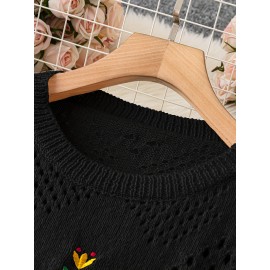 Plus Size Floral Embroidery Sweater, Casual Cut Out Long Sleeve Crew Neck Sweater For Spring, Women's Plus Size Clothing