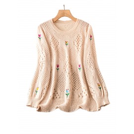Plus Size Floral Embroidery Sweater, Casual Cut Out Long Sleeve Crew Neck Sweater For Spring, Women's Plus Size Clothing