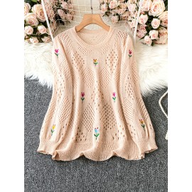Plus Size Floral Embroidery Sweater, Casual Cut Out Long Sleeve Crew Neck Sweater For Spring, Women's Plus Size Clothing
