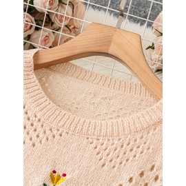 Plus Size Floral Embroidery Sweater, Casual Cut Out Long Sleeve Crew Neck Sweater For Spring, Women's Plus Size Clothing