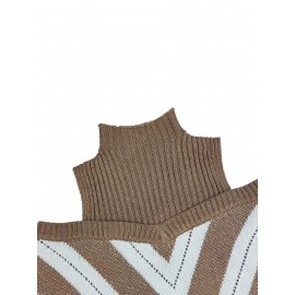 Plus Size Casual Sweater, Women's Plus Geometric Print Cold Shoulder Long Sleeve Slight Stretch Turtle Neck Sweater