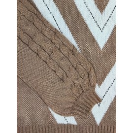 Plus Size Casual Sweater, Women's Plus Geometric Print Cold Shoulder Long Sleeve Slight Stretch Turtle Neck Sweater