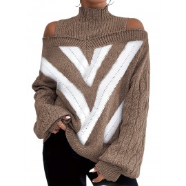 Plus Size Casual Sweater, Women's Plus Geometric Print Cold Shoulder Long Sleeve Slight Stretch Turtle Neck Sweater