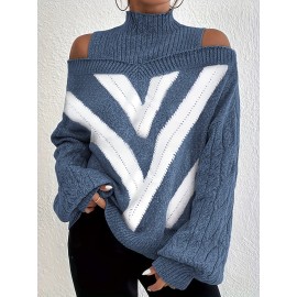 Plus Size Casual Sweater, Women's Plus Geometric Print Cold Shoulder Long Sleeve Slight Stretch Turtle Neck Sweater