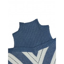 Plus Size Casual Sweater, Women's Plus Geometric Print Cold Shoulder Long Sleeve Slight Stretch Turtle Neck Sweater