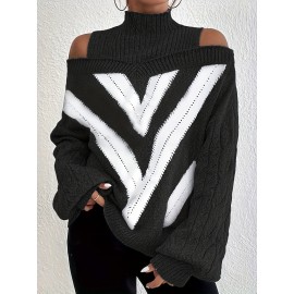 Plus Size Casual Sweater, Women's Plus Geometric Print Cold Shoulder Long Sleeve Slight Stretch Turtle Neck Sweater