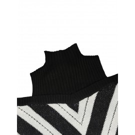 Plus Size Casual Sweater, Women's Plus Geometric Print Cold Shoulder Long Sleeve Slight Stretch Turtle Neck Sweater