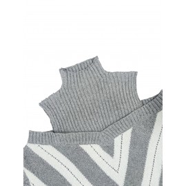 Plus Size Casual Sweater, Women's Plus Geometric Print Cold Shoulder Long Sleeve Slight Stretch Turtle Neck Sweater