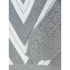 Plus Size Casual Sweater, Women's Plus Geometric Print Cold Shoulder Long Sleeve Slight Stretch Turtle Neck Sweater