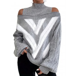 Plus Size Casual Sweater, Women's Plus Geometric Print Cold Shoulder Long Sleeve Slight Stretch Turtle Neck Sweater