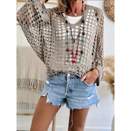 Plus Size Batwing Sleeve Knitted Top, Casual Cut Out V Neck Long Sleeve Top, Women's Plus Size Clothing