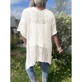 Plus Size Solid Knitted Top, Elegant Cut Out V Neck Crochet Top, Women's Plus Size Clothing