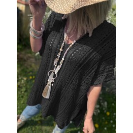 Plus Size Solid Knitted Top, Elegant Cut Out V Neck Crochet Top, Women's Plus Size Clothing