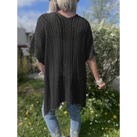 Plus Size Solid Knitted Top, Elegant Cut Out V Neck Crochet Top, Women's Plus Size Clothing