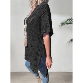 Plus Size Solid Knitted Top, Elegant Cut Out V Neck Crochet Top, Women's Plus Size Clothing