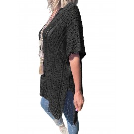 Plus Size Solid Knitted Top, Elegant Cut Out V Neck Crochet Top, Women's Plus Size Clothing